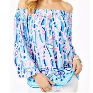 Lilly Pulitzer Women's Off-Shoulder Blue and Pink Top Size Small
